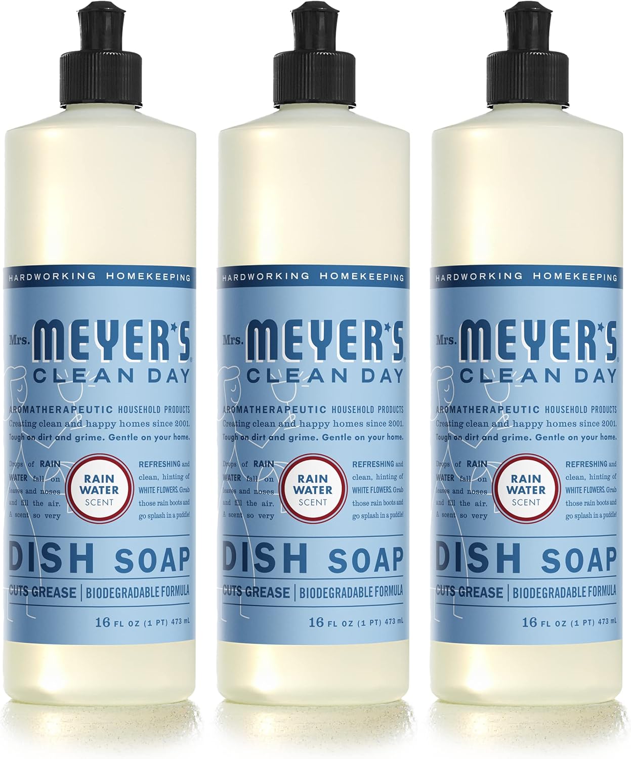 Mrs. Meyer'S Clean Day Liquid Dish Soap, Biodegradable Formula, Rain Water, 16 Fl. Oz - Pack Of 3
