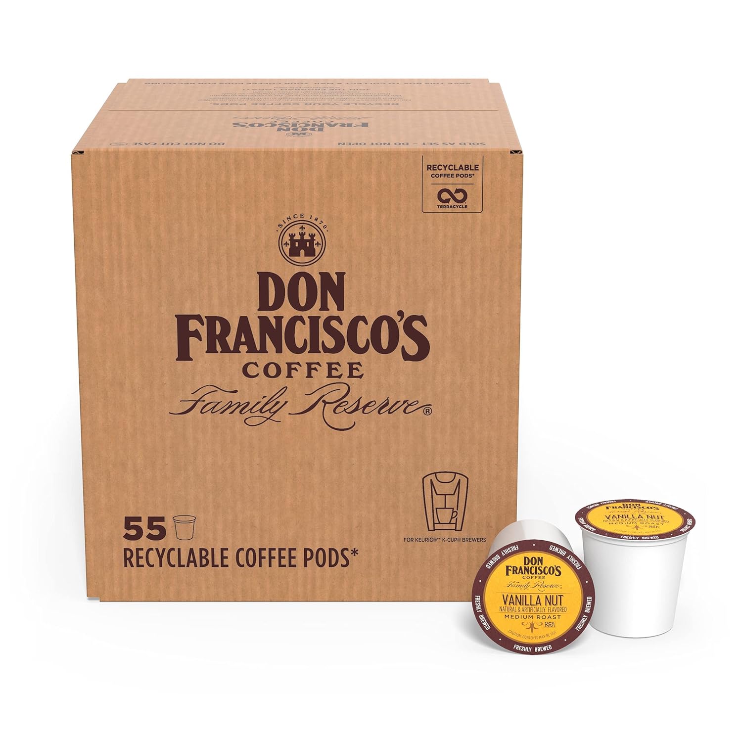 Don Francisco's Vanilla Nut Flavored Medium Roast Coffee Pods - 55 Count - Recyclable Single-Serve Coffee Pods, Compatible with your K- Cup Keurig Coffee Maker