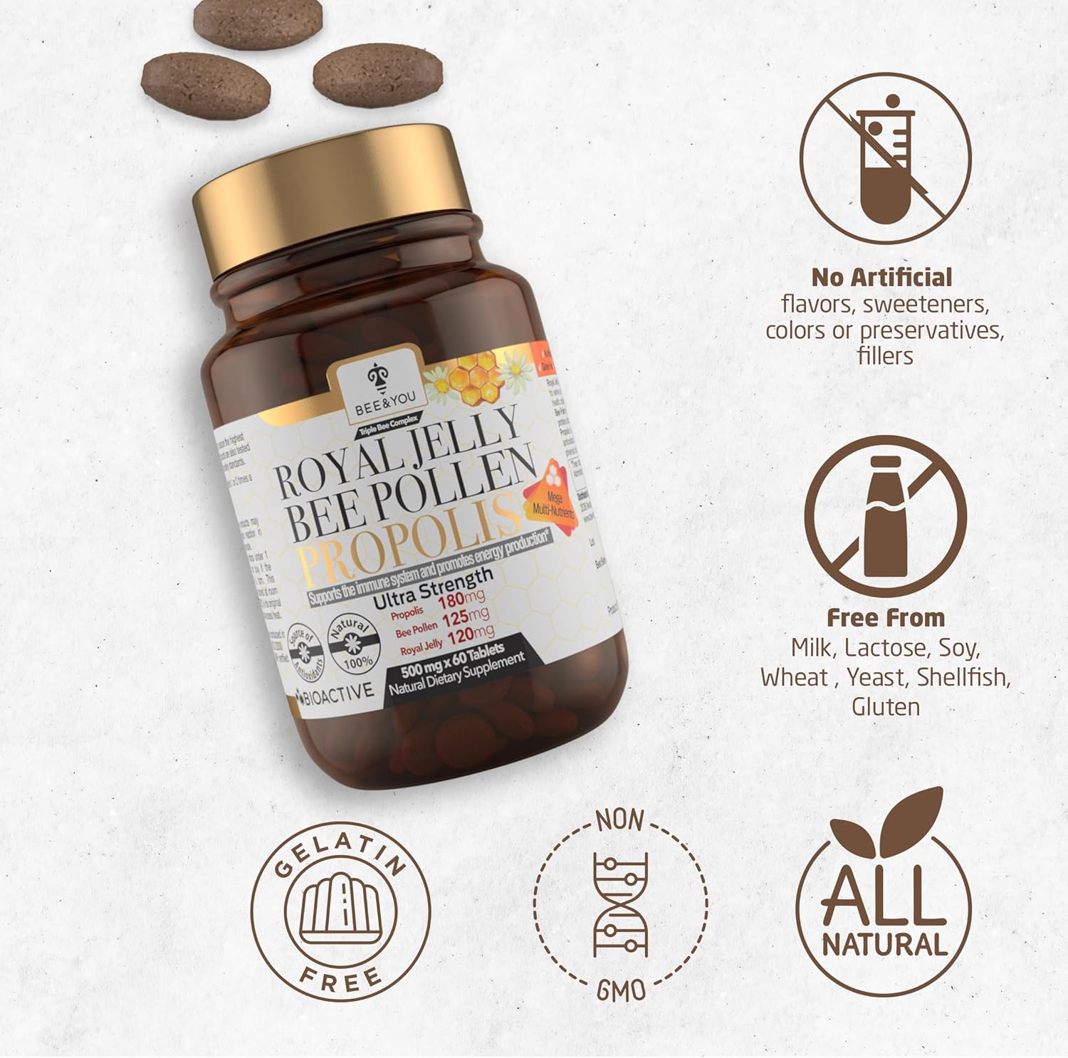 Bee And You Royal Jelly + Propolis + Bee Pollen Chewable Tablets - High Potency - No Artificial Flavor/Preservatives - No Added Sugar- No Soy/Milk/Gelatin/Gmo/Gluten, 500 Mg X 60 Tablets : Health & Household
