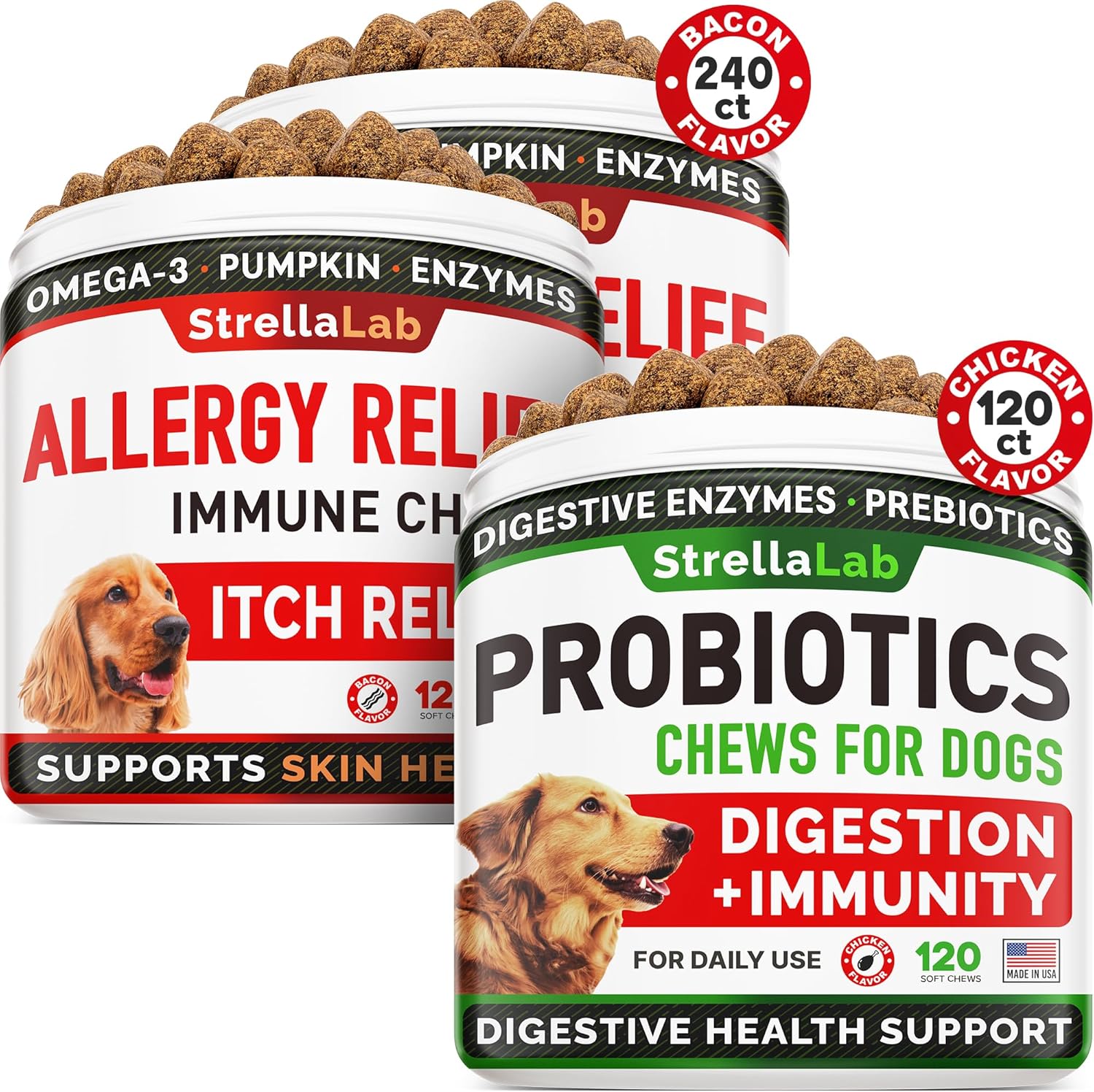 Allergy Relief + Probiotics For Dogs Bundle - Itchy Skin Treatment + Digestion&Gut Health - Omega 3&Pumpkin + Probiotics - Allergy&Anti Itch Support Supplement + Upset Stomach&Gas Relief - Made In Usa