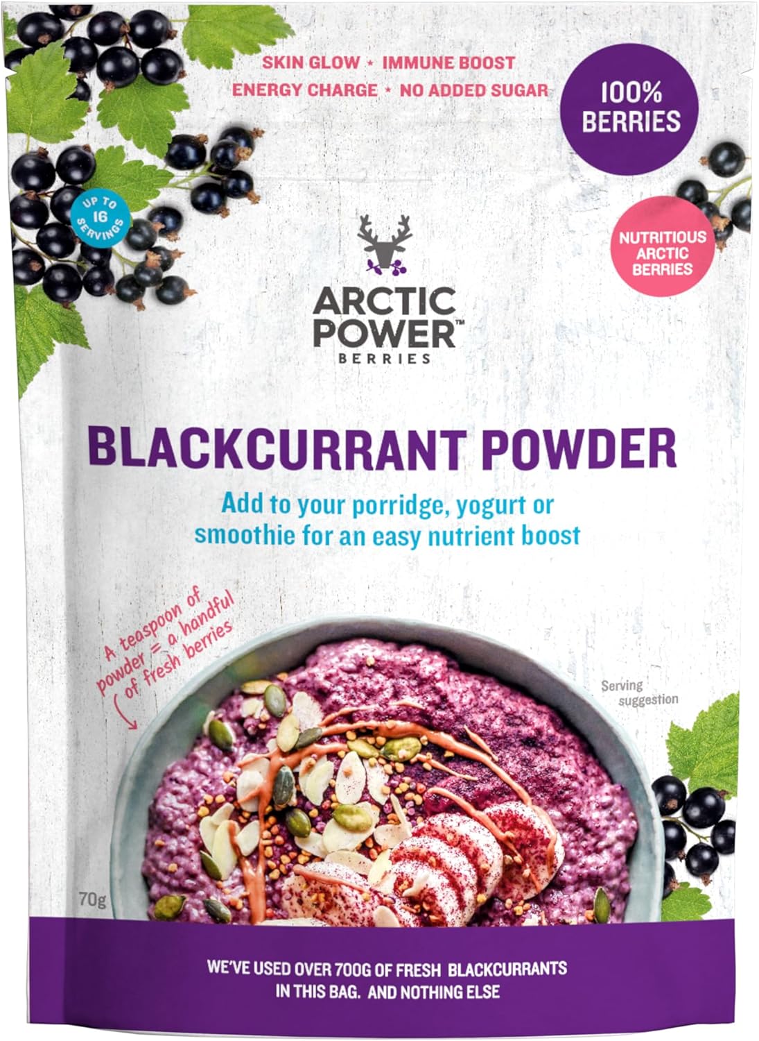 Arctic Power Berries 100% Blackcurrant Powder 70G, Nutrient Rich Nordic Blackcurrants, Delicious Nutrient Boost For Breakfast Bowls, Smoothies, Porridge, Yogurt - Vegan, No Added Sugar
