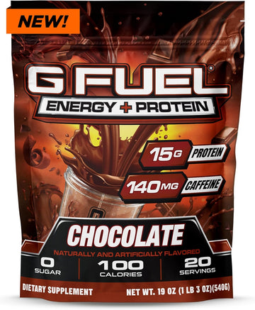 G Fuel Energy + Protein Powder Mix, Chocolate Flavor, Sugar Free, Clean Caffeine Focus Supplement, Metabolism Support, Focus Nootropics, Vitamin + Antioxidant Blend, 19 Oz (20 Servings)