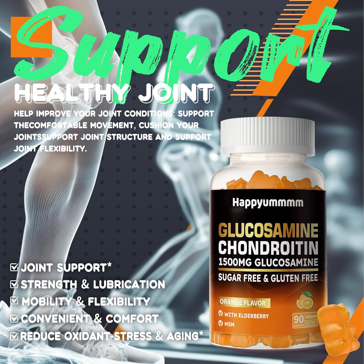 Glucosamine Chondroitin Gummies With Msm & Elderberry Extra Strength - Joint Support, Antioxidant Immune Support Supplement For Adults, Men & Women.90 Orange Gummies : Health & Household