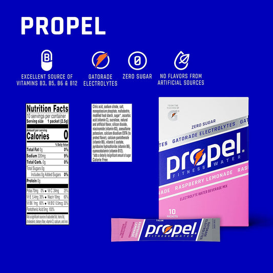 Propel Powder Packets. Raspberry Lemonade With Electrolytes, Vitamins And No Sugar, 10 Count (Pack Of 12) -Packaging May Vary