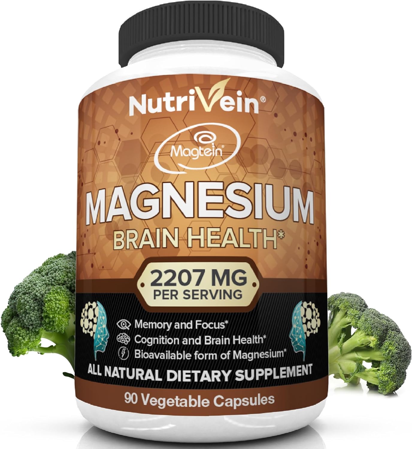 Nutrivein Magnesium L-Threonate (Magtein) 2207mg - Boosts Brain Health, Memory & Focus, Sleep & Recovery, Reduces Fatigue - 30 Day Supply (90 Capsules, Three Daily)