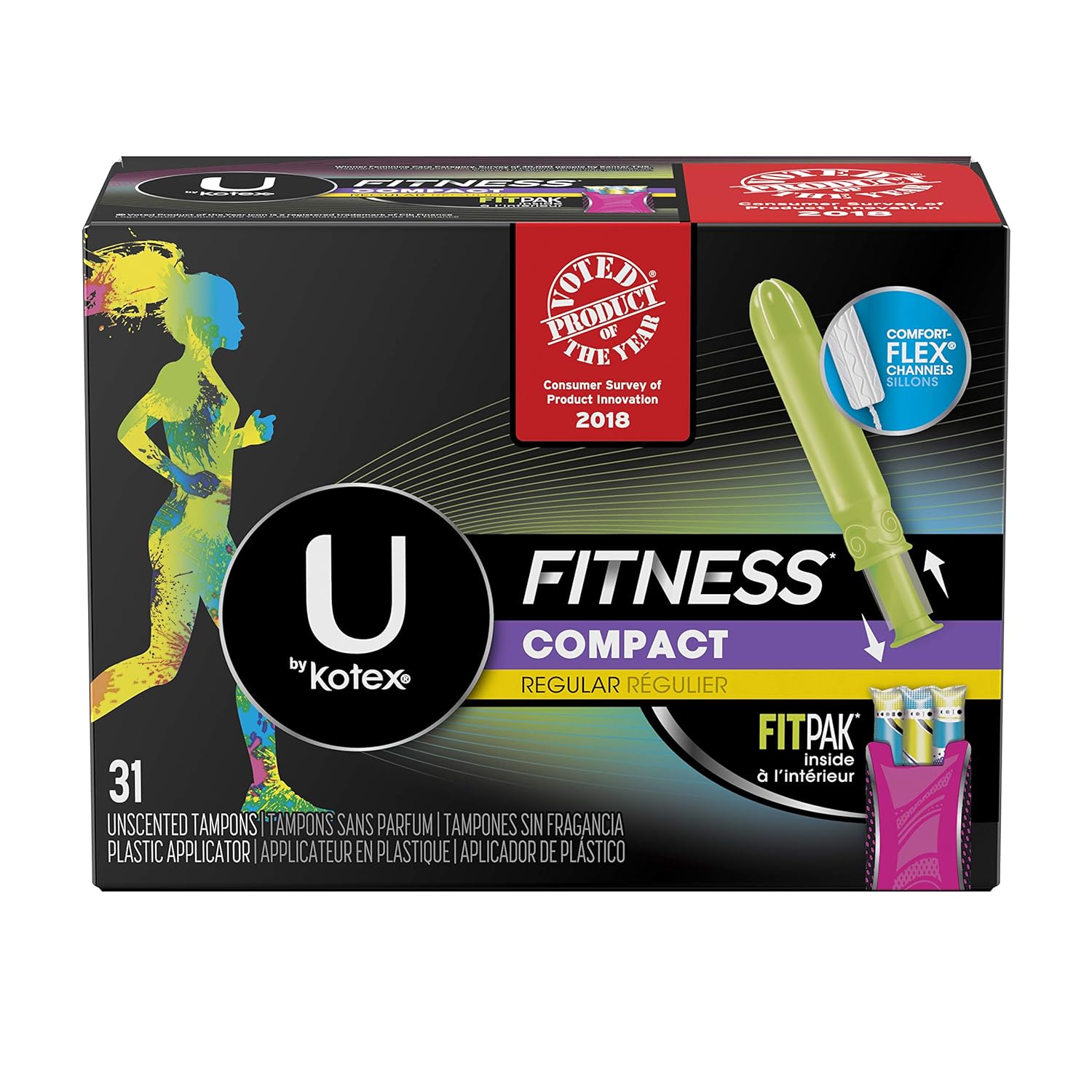 U by Kotex Fitness Tampons with FITPAK, Regular Absorbency, Fragrance-Free Tampons, 31 Count