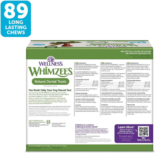 Whimzees By Wellness Value Box Natural Dental Chews For Dogs, Long Lasting Treats, Grain-Free, Freshens Breath, Small Breed, 89 Count