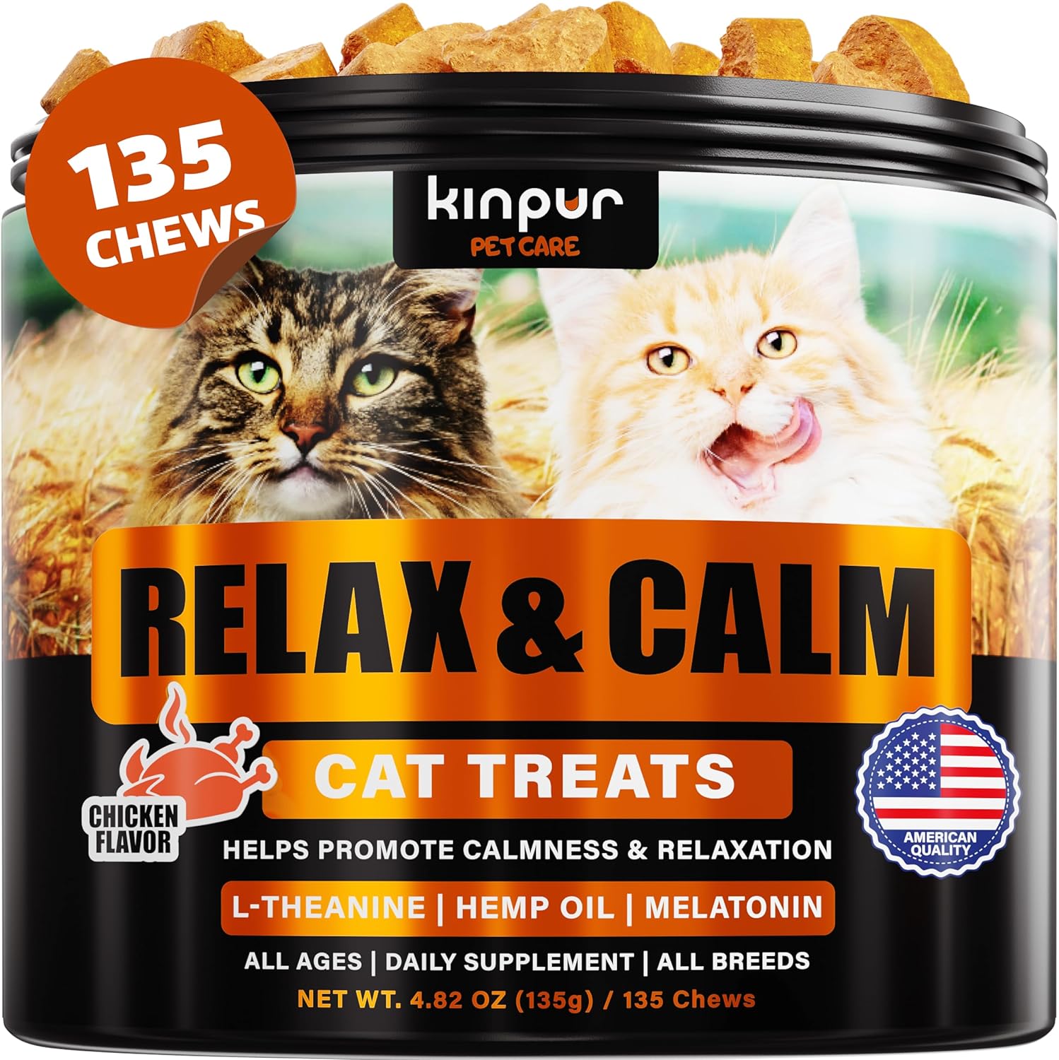 Cat Calming Treats For Stress And Aggressive Behavior - Help Reduce Cat Anxiety And Promote Relaxation - Thunderstorms, Grooming, Traveling - Hemp Calming Cat Treats With American Quality - 135 Chews