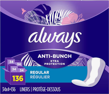 Always Anti-Bunch Xtra Protection Daily Liners, Regular Length, Unscented, 34 Count X 4 (136 Count Total) (Packaging May Vary)