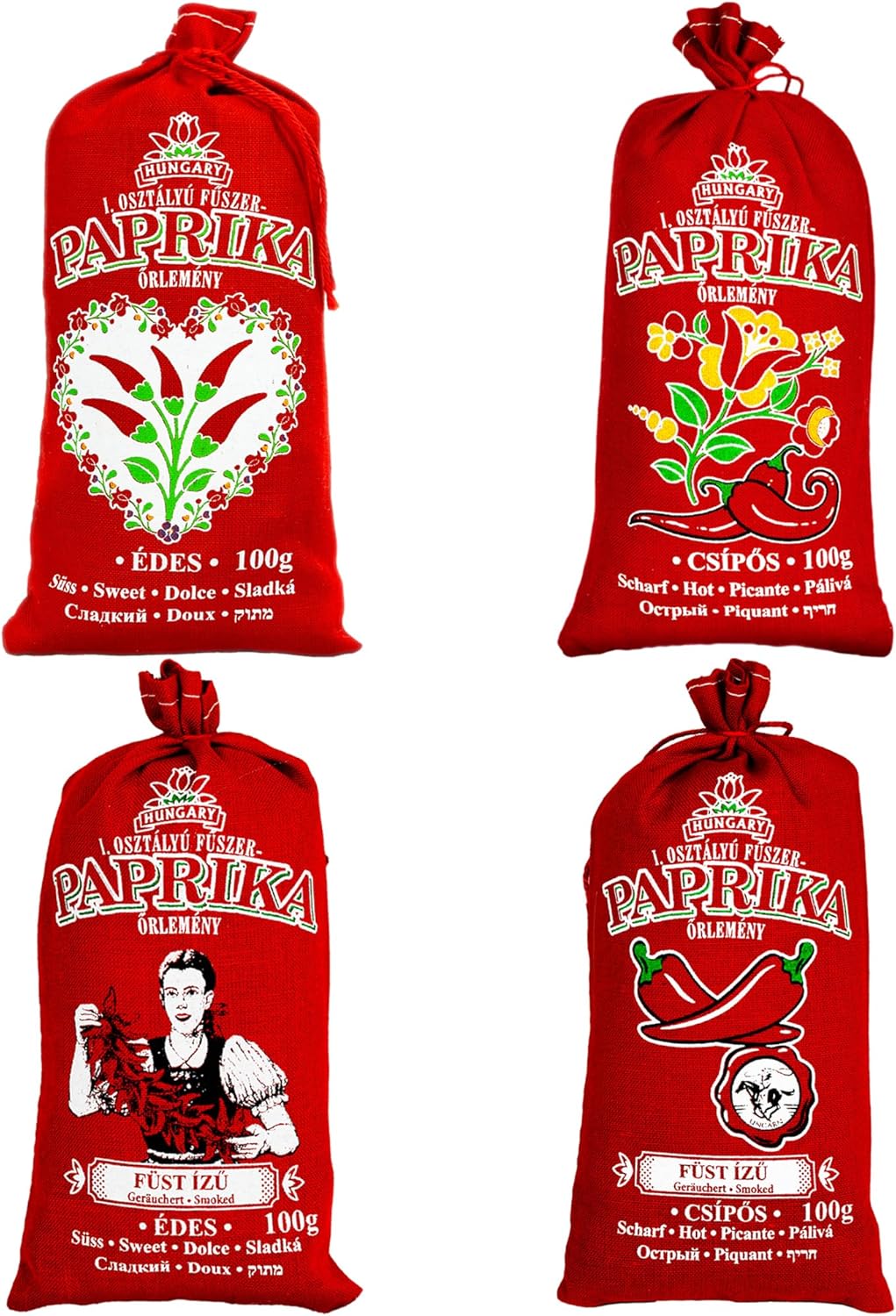 Hungarian Paprika Premium Quality Sweet/Hot/Smoked (Origin: Kalocsa,Hungary) (All 4 Taste, 4X100G)