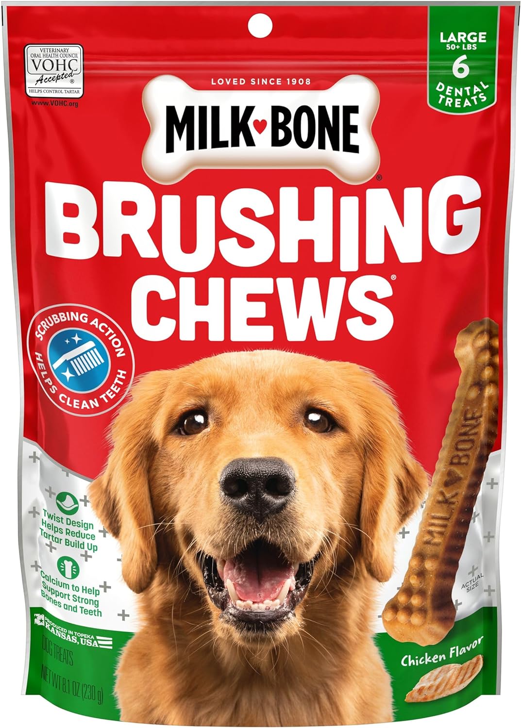Milk-Bone Original Brushing Chews, 6 Large Daily Dental Dog Treats (Pack of 5) Scrubbing Action Helps Clean Teeth