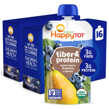 Happytot Organic Stage 4 Fiber & Protein, Pears, Blueberries & Spinach, 4 Ounce (Pack Of 16)