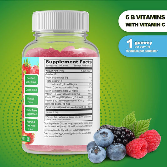 Vitamin B Complex Gummies, Vegan, GMO-Free Gluten Free, Great Taste Natural Strawberry Flavor Gummy Vitamins, with 6 B Vitamins, Energy Support Dietary Supplement, for Adults 90 Gummies