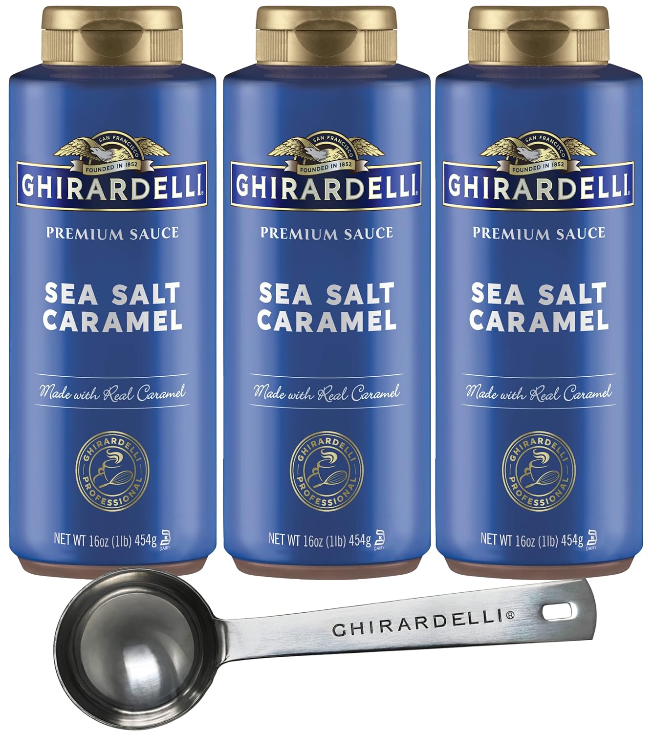 3 Pack - Ghirardelli - Sea Salt Caramel Flavored Sauce - 17 Oz Squeeze Bottle with Limited Edition Measuring Spoon