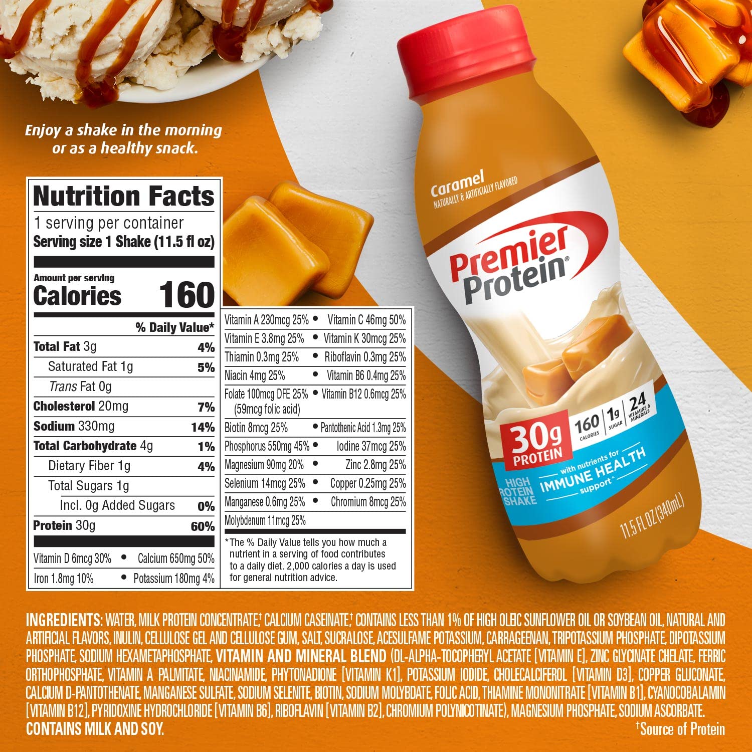 Premier Protein Liquid Protein Shake, Caramel, 30G Protein, 1G Sugar, 24 Vitamins & Minerals, Nutrients To Support Immune Health 11.5 Fl Oz Bottle (12 Pack)