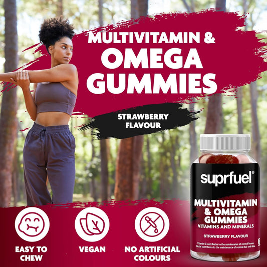 Suprfuel Multivitamin & Omega Gummies-60 Strawberry Flavour Multivitamin And Biotin Gummies-Vegan, Daily Supplement With Omega3, Vitamins A, C, D, E & Biotin-Supports Immune Health, Bones, Hair & Skin
