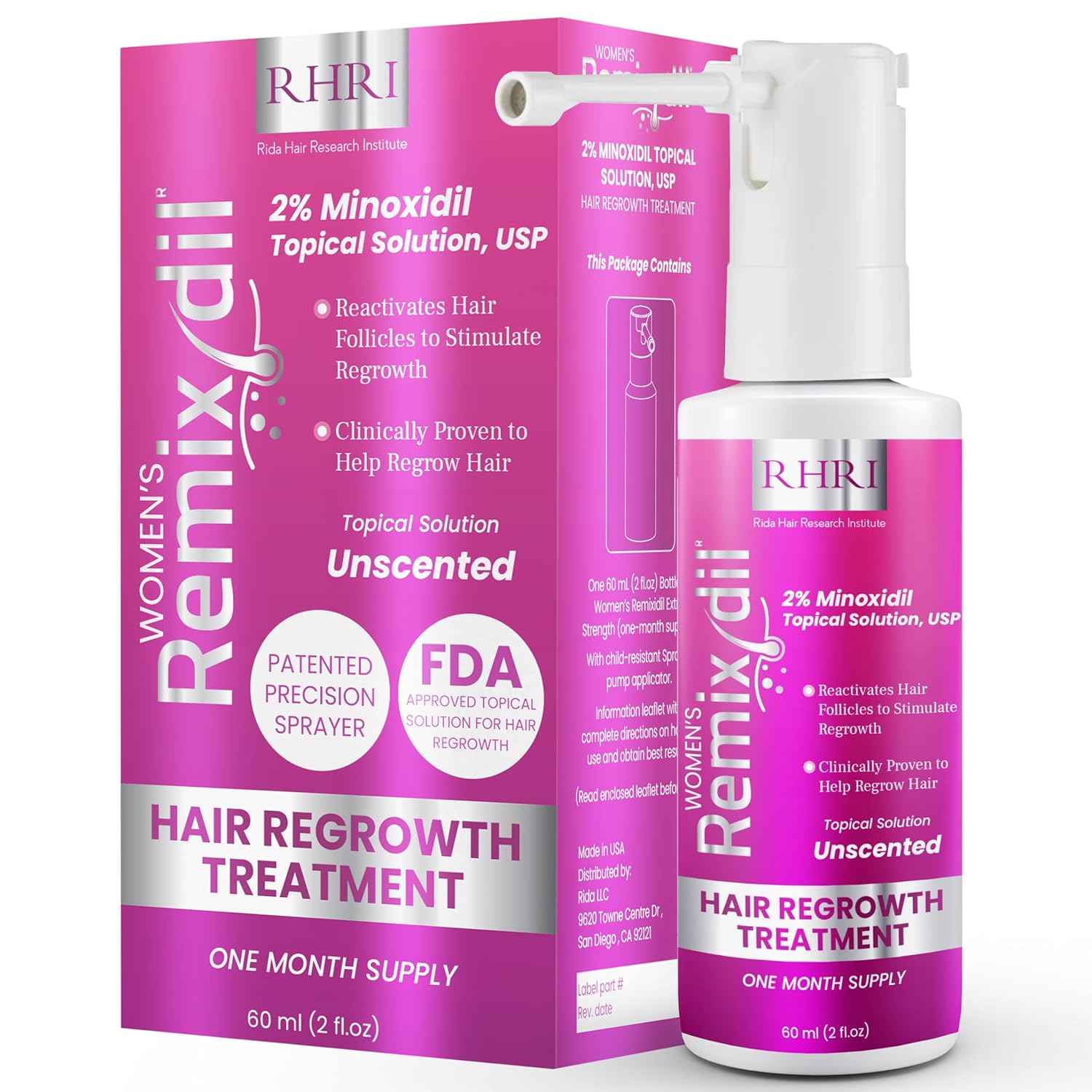 Remixidil Minoxidil 2% Hair Growth Spray For Women - Thickening, Regrowth & Loss Treatment