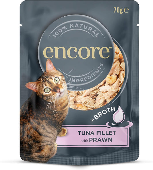 Encore 100% Natural Wet Cat Food Tuna Fillet with Prawn in Broth (Pack of 16 x 70g Pouches)?ENC8108-1EN