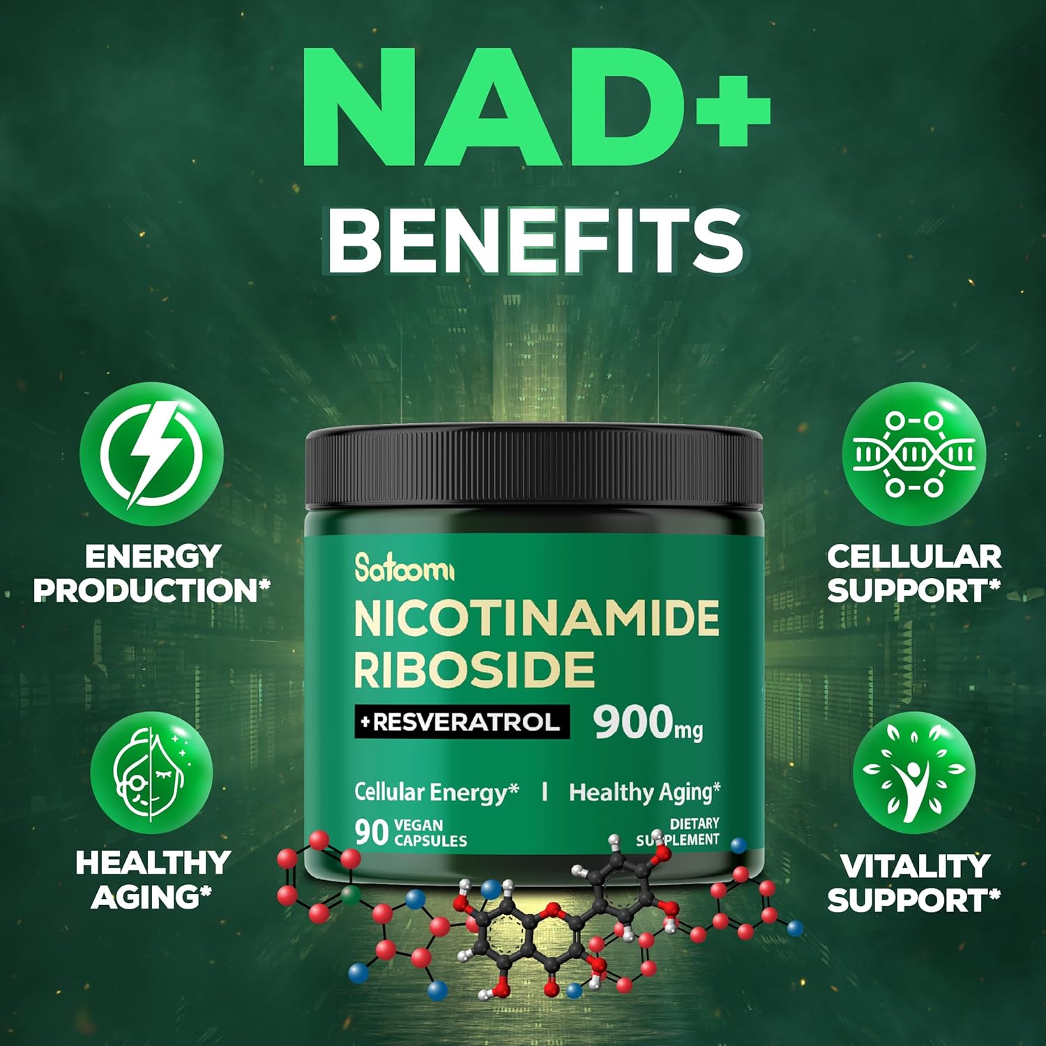Satoomi Nad+ Supplement With Liposomal Nicotinamide Riboside 900 Mg Nr, Resveratrol, Quercetin - 90 Count : Health & Household