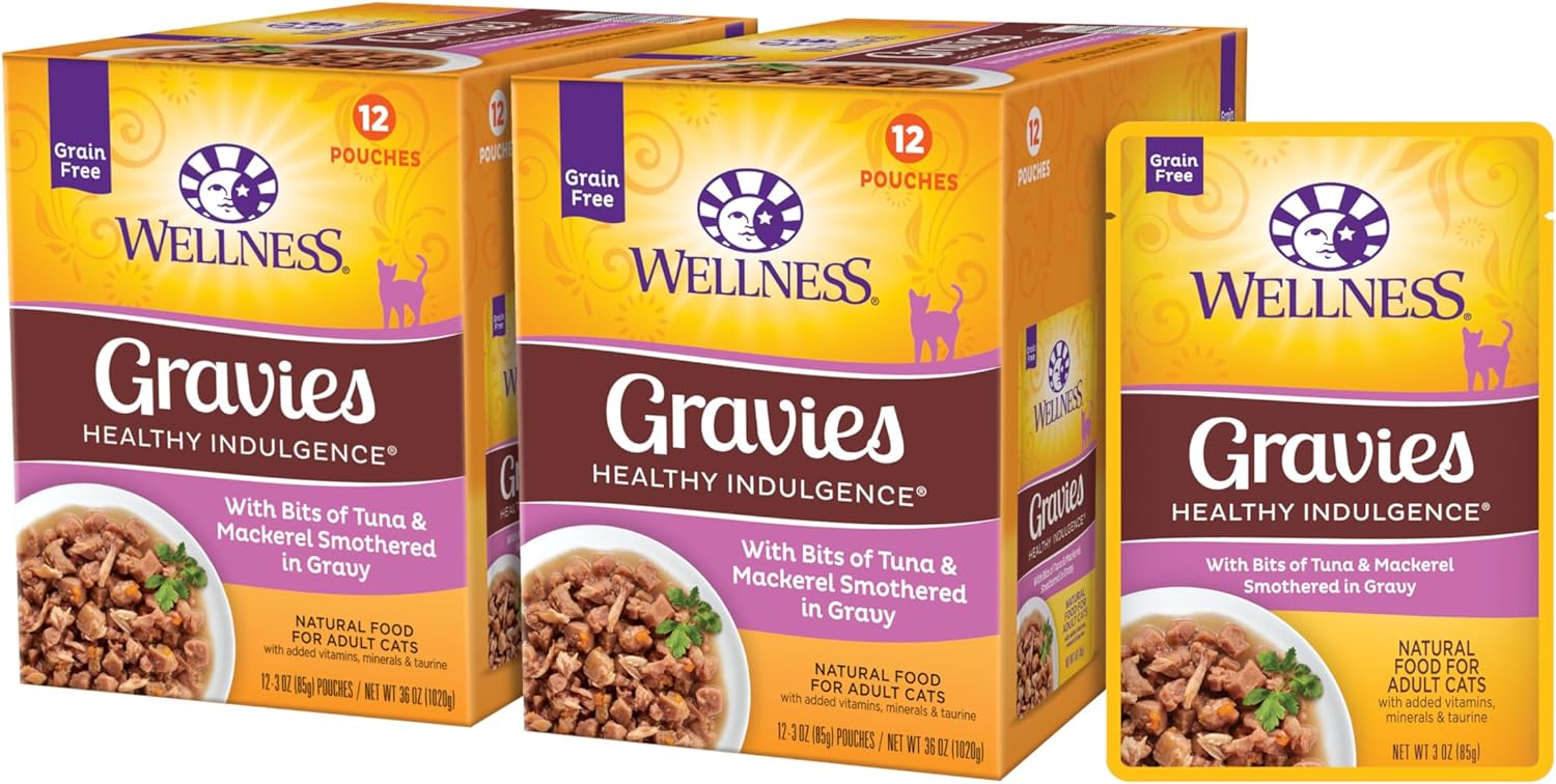 Wellness Healthy Indulgence Gravies Grain-Free Wet Cat Food, Made With Natural Ingredients And Quality Proteins, Complete And Balanced Meal, 3 Oz Pouches (Tuna & Mackeral In Gravy, 24 Pack)