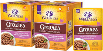 Wellness Healthy Indulgence Gravies Grain-Free Wet Cat Food, Made With Natural Ingredients And Quality Proteins, Complete And Balanced Meal, 3 Oz Pouches (Tuna & Mackeral In Gravy, 24 Pack)