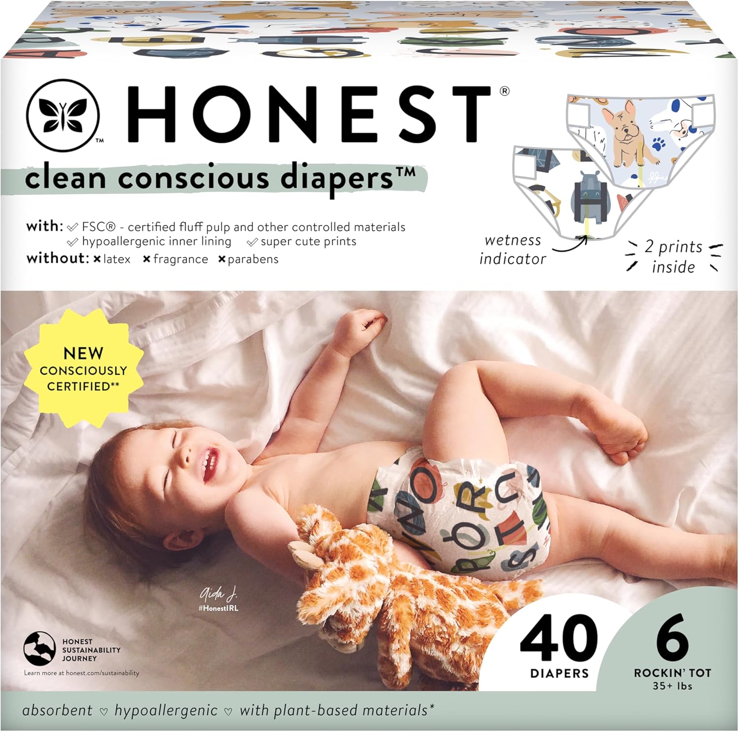 The Honest Company Clean Conscious Diapers | Plant-Based, Sustainable | All The Letters + It'S A Pawty | Club Box, Size 6 (35+ Lbs), 40 Count