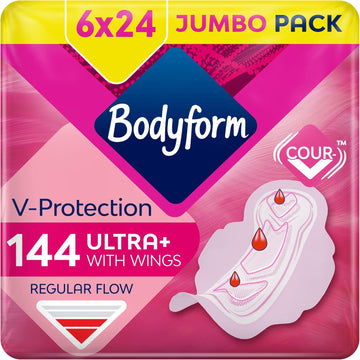 Bodyform Ultra Normal Sanitary Towels with Wings, 144 (24 x 6 packs) Period Pads, SecureFit leakage protection, Ultra-breathable Top Layer