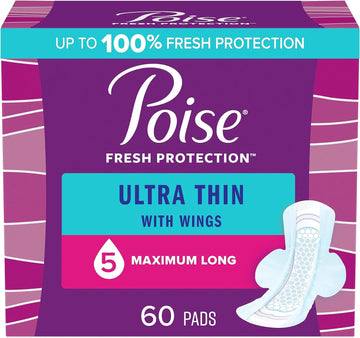 Poise Ultra Thin Incontinence Pads with Wings & Postpartum Incontinence Pads, 5 Drop Maximum Absorbency, Long Length, 60 Count (3 Packs of 20), Packaging May Vary