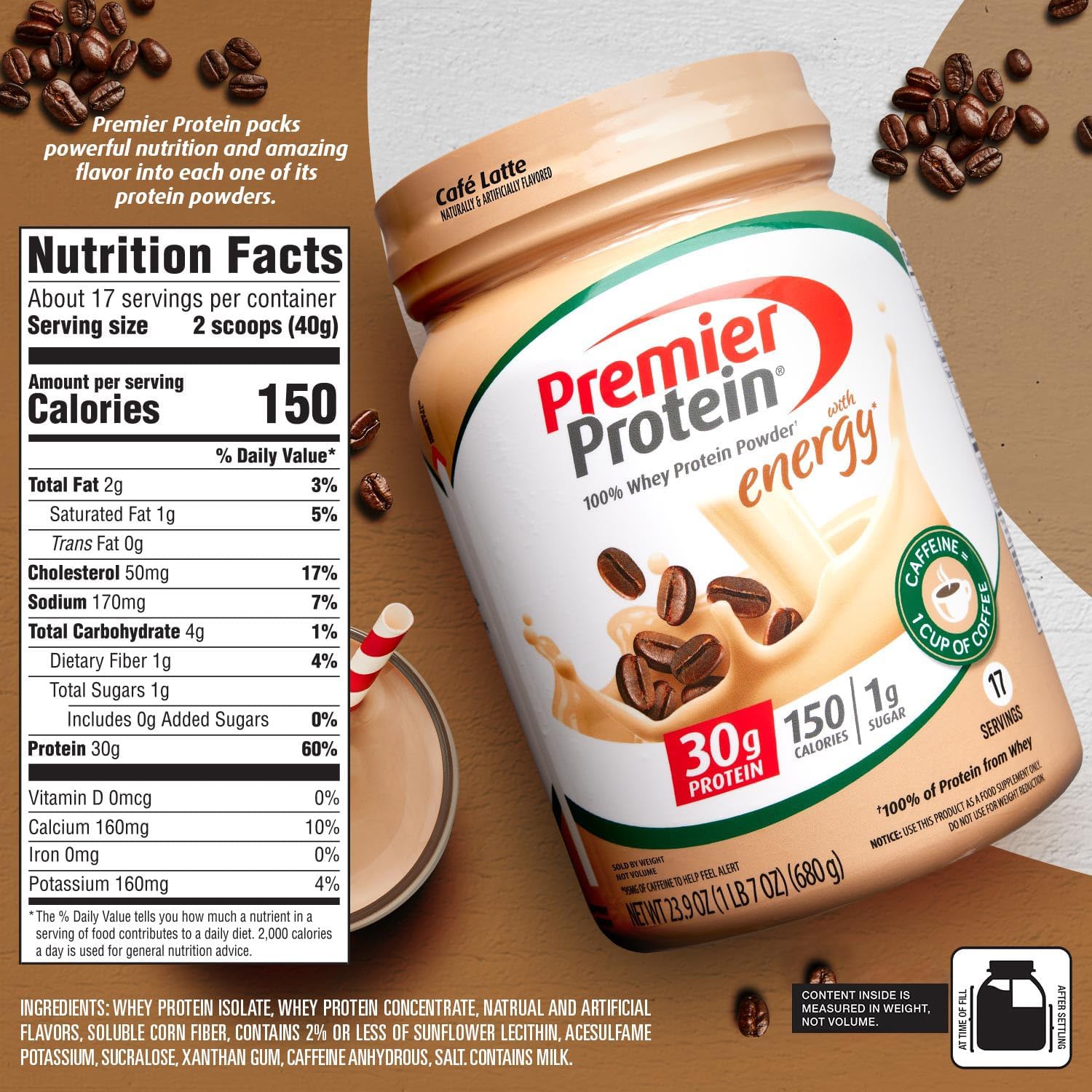 Premier Protein Powder, Cafe Latte, 30g Protein, 1g Sugar, 100% Whey Protein, Keto Friendly, No Soy Ingredients, Gluten Free, 17 Servings, 23.9 Ounce (Pack of 1) : Health & Household