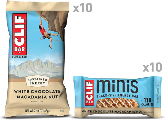 Clif Bar - White Chocolate Macadamia Nut Flavor - Full Size And Mini Energy Bars - Made With Organic Oats - Non-Gmo - Plant Based - 2.4 Oz. And 0.99 Oz. (20 Count)