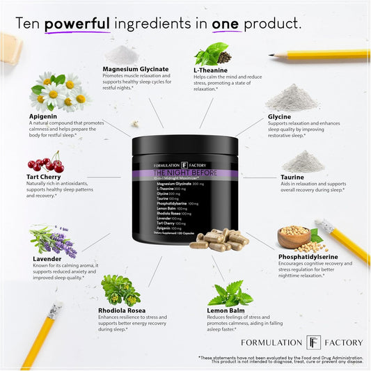 The Night Before 10-In-1 Midnight Maximizer, Sleep Aid, Stress Relief, Cognition, Relaxation, Recovery, Magnesium Glycinate, L-Theanine, Glycine, Taurine, Lemon Balm, Rhodiola, Lavender (2 Months)