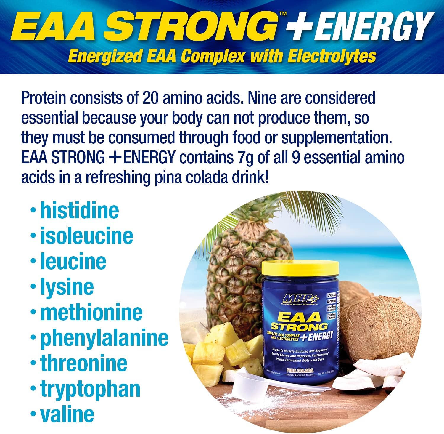 EAA Strong + Energy, Essential Amino Acid Supplement, All 9 EAAs, BCAAs, Electrolytes, Coconut Water, Pre-Workout Enhances Muscle Building, Performance, Recovery, Caffeine, Pina Colada, 30 Servings : Health & Household