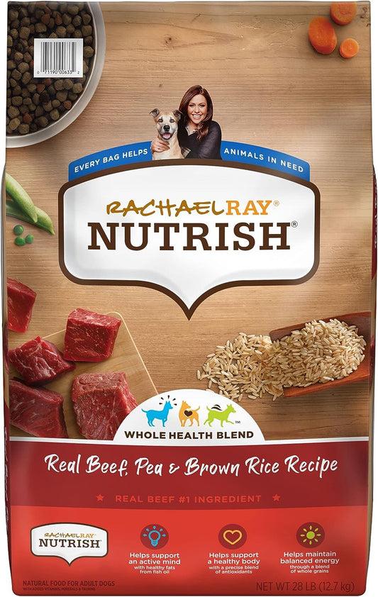 Nutrish Rachael Ray Beef, Pea & Brown Rice 28 Pounds Dry Dog Food + Beef Recipe 11 Count Soup Bones Bundle