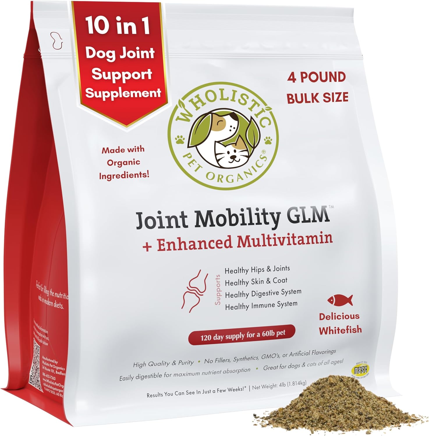 Wholistic Pet Organics Joint Supplement: Joint Mobility with Green Lipped Mussel Daily Joint Health Supplements for Dogs - Dog Glucosamine Powder with MSM, Probiotics, Vitamins, Minerals - 4 Lb