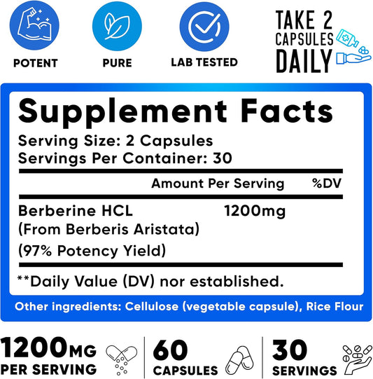 We Like Vitamins Max Strength Berberine Supplement 1200Mg - 60 Berberina Gluten-Free Vegetarian Capsules - 1200Mg Per Serving, 30 Servings