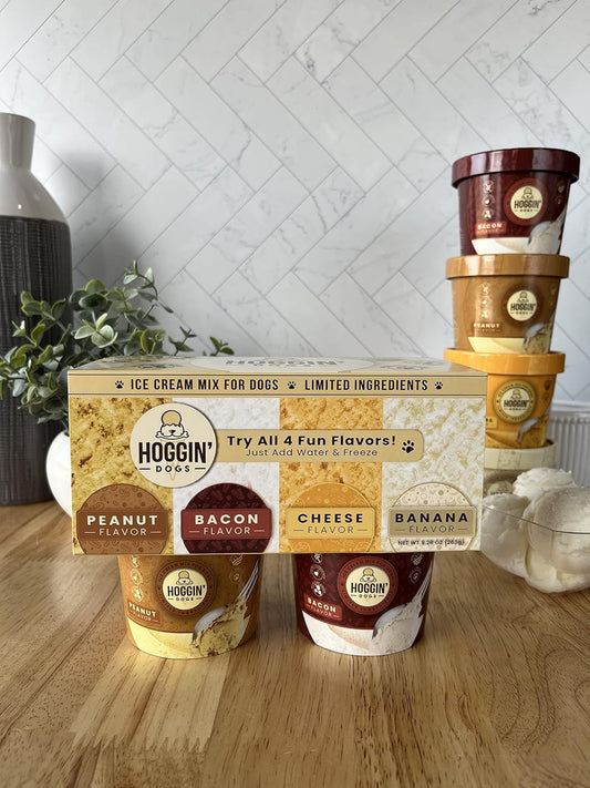 Dog Ice Cream Mix - Just Add Water And Freeze, Gifts For Dogs, No Sugar Added Hoggin' Dogs Ice Cream Mix, 4 Pack Cheese, Banana, Bacon, And Peanut Flavors, 2.32 Oz, Made In Usa