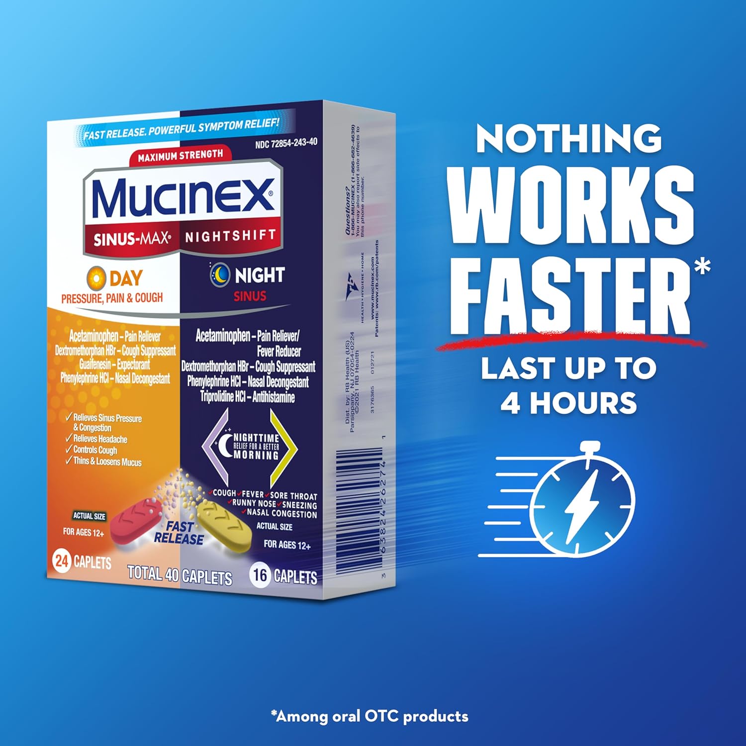 Mucinex Sinus-Max Day Pressure, Pain & Cough & Nightshift Night Sinus Medicine For Adults, Day/Night Combo Pack For Sore Throat Relief, Nasal Congestion Relief, Cough & Cold Medicines, 40 Caplets