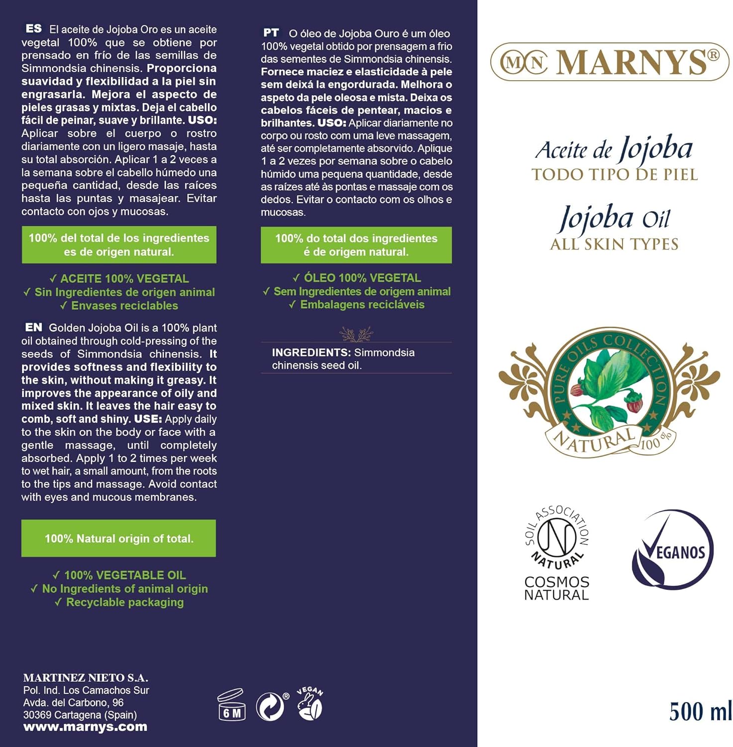 Marnys - Jojoba Pure Oil 500Ml $