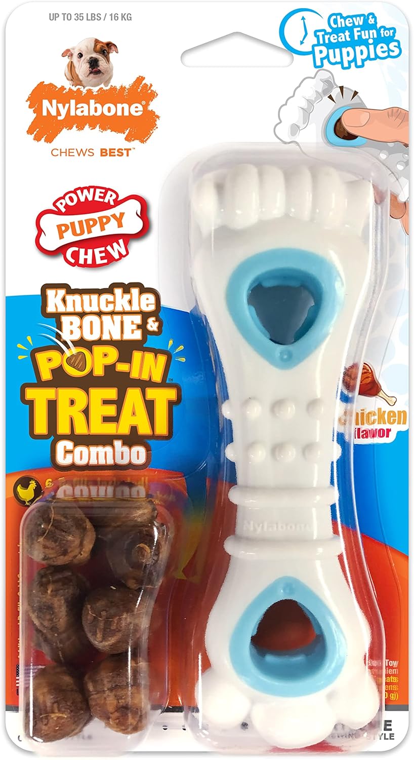 Nylabone Puppy Power Chew Souper Bone Pop-In Treat Toy With Treat Refills, Treat Dispensing Toys For Dogs, Durable Treat Pouch, Chicken Flavor, Medium/Wolf (1 Count)