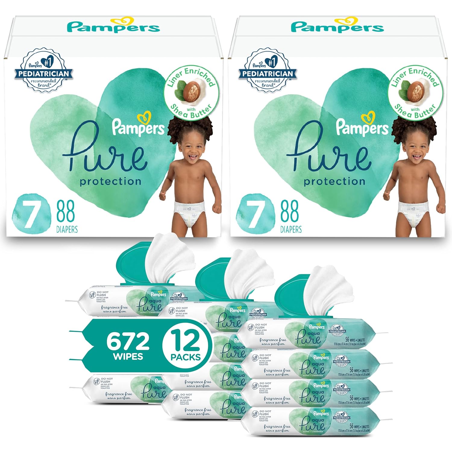 Pampers Pure Protection Disposable Baby Diapers Size 7, 2 Month Supply (2 X 88 Count) With Aqua Pure Baby Wipes, 12X Pop-Top Packs (672 Count)