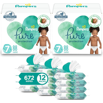 Pampers Pure Protection Disposable Baby Diapers Size 7, 2 Month Supply (2 X 88 Count) With Aqua Pure Baby Wipes, 12X Pop-Top Packs (672 Count)