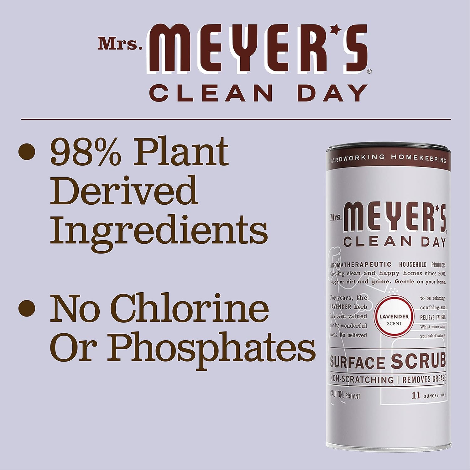 Mrs. Meyer'S Clean Day Multi-Surface Scrub, Non-Scratch Powder Cleaner, Removes Grime On Kitchen And Bathroom Surfaces, Lavender, 11 Oz