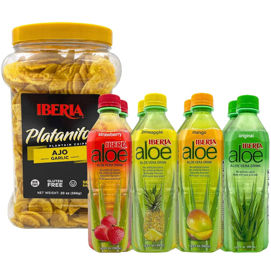 Iberia Garlic Plantain Chips, 20 Oz. + Iberia Aloe Vera Drink with Pure Aloe Pulp, Variety, (Pack of 8)
