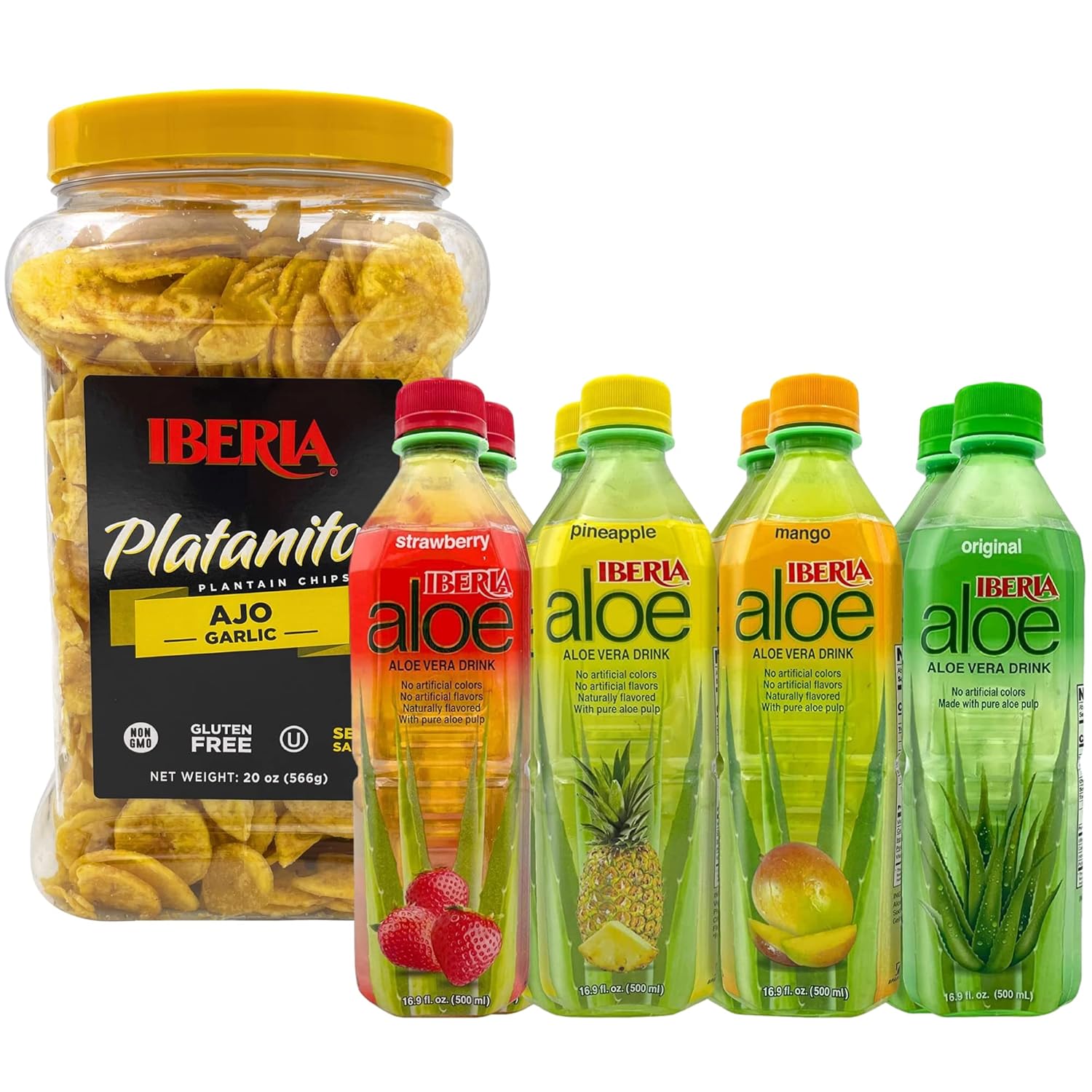 Iberia Garlic Plantain Chips, 20 Oz. + Iberia Aloe Vera Drink With Pure Aloe Pulp, Variety, (Pack Of 8)