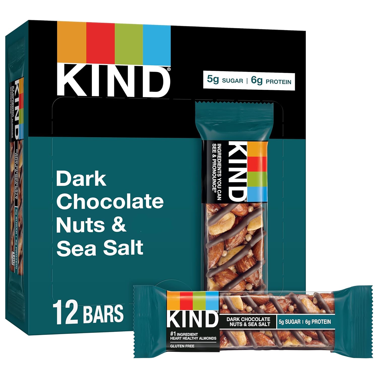 Kind Bars, Dark Chocolate Nuts And Sea Salt, Healthy Snacks, Gluten Free, Low Sugar, 6G Protein, 12 Count