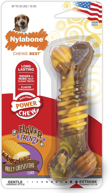 Nylabone Power Chew Flavor Frenzy Dental Bone Chew Toy For Dogs, Indestructible Chew Toys For Aggressive Chewers, Philly Cheesesteak Flavor, Medium/Wolf - Up To 35 Lbs. (1 Count)
