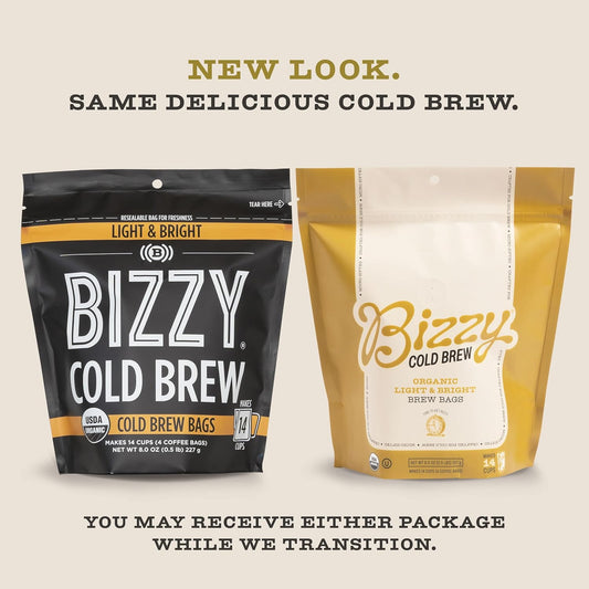 Bizzy Organic Cold Brew Coffee | Light & Bright Blend | Coarse Ground Coffee | Light Roast | Micro Sifted | Specialty Grade | 100% Arabica | Brew Bags | 4 Count | Makes 14 Cups