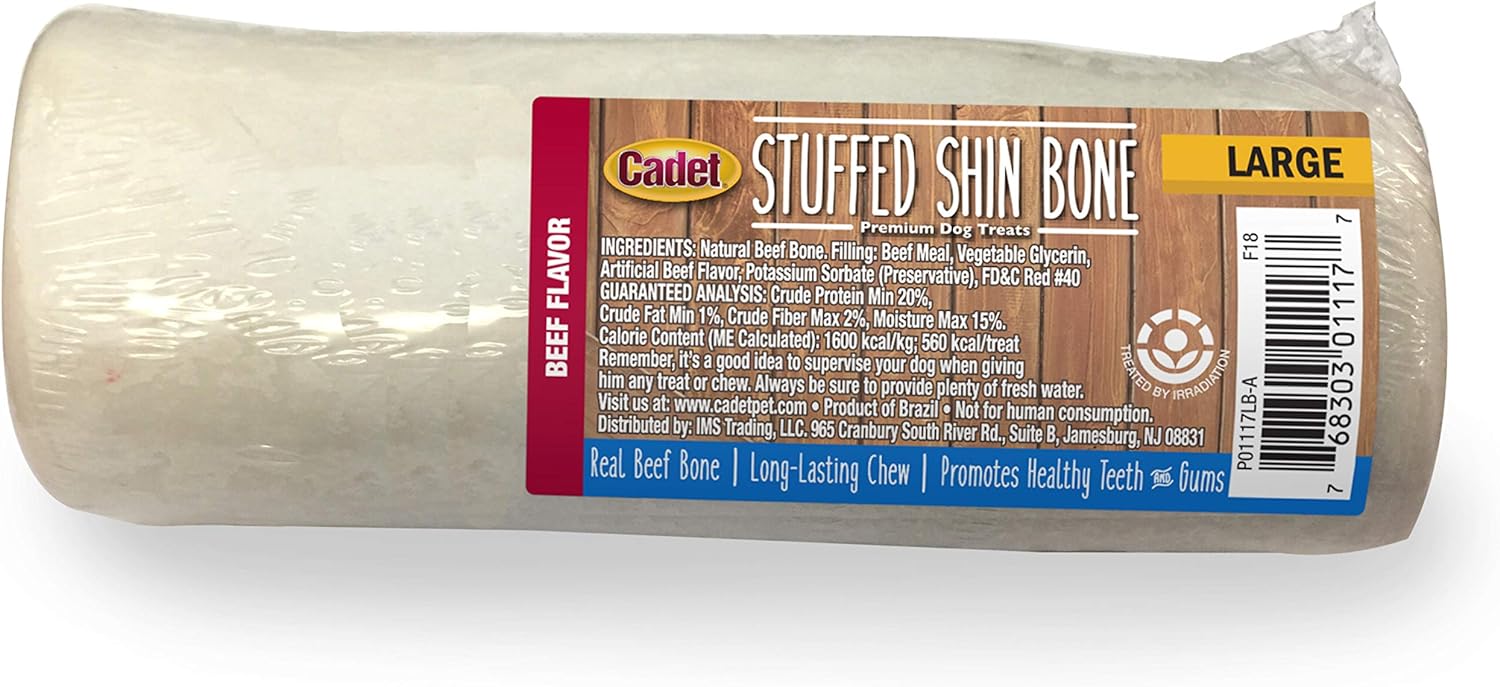 Cadet Stuffed Shin Bone - Highly Digestible, High Protein, Long-Lasting Dog Chew Bone For Aggressive Chewers, Supports Dental Health, - Bully Stick Flavor, Large (1 Count)