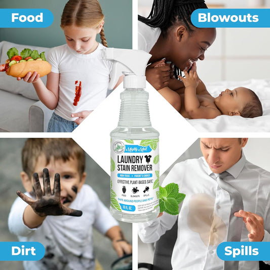 Mighty Mint Laundry Stain Remover, Parent’s Choice Non-Toxic Spray for Stains from Food, Drink, Grease, Natural Peppermint Scent, 16oz