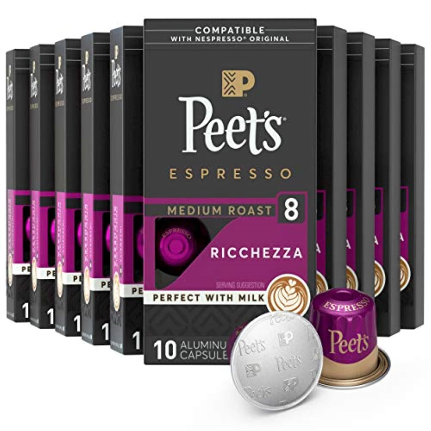 Peet's Coffee, Medium Roast Espresso Pods, Cafe Inspired Ricchezza Intensity 8, 100 Count (10 Boxes of 10 Espresso Capsules)